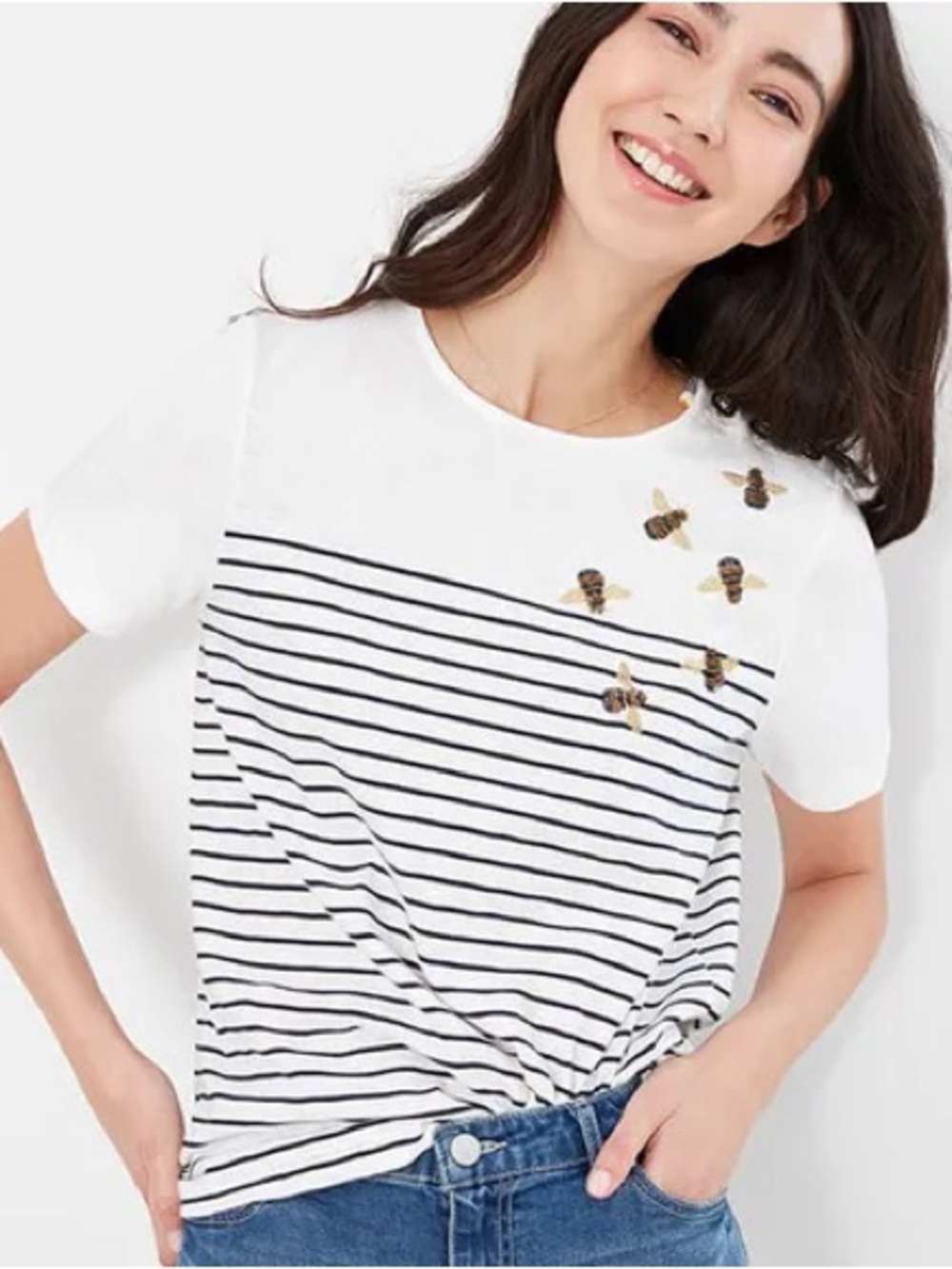 Joules Striped Bee Embroidered Women's Tee - White xs